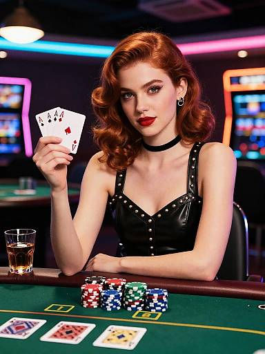 Photorealistic digital art of a red-haired woman in a black leather dress, holding a winning poker hand, with poker chips and a drink at a