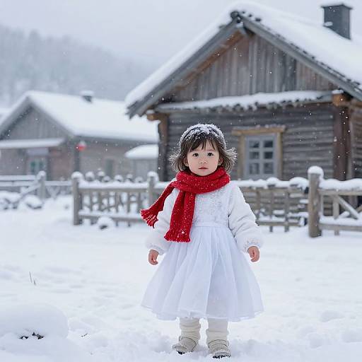 Photograph of a young Asian girl in a white dress, red scarf, and white boots standing in a snowy yard, with snow-covered wooden houses in