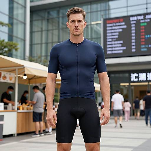 Photograph of a muscular, handsome, light-skinned man with short brown hair, wearing a tight navy blue cycling jersey and black shorts, standing in