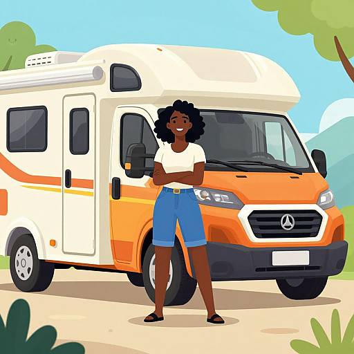Digital illustration of a smiling Black woman with curly hair, wearing a white t-shirt and blue shorts, standing in front of an orange and white Mercedes motor
