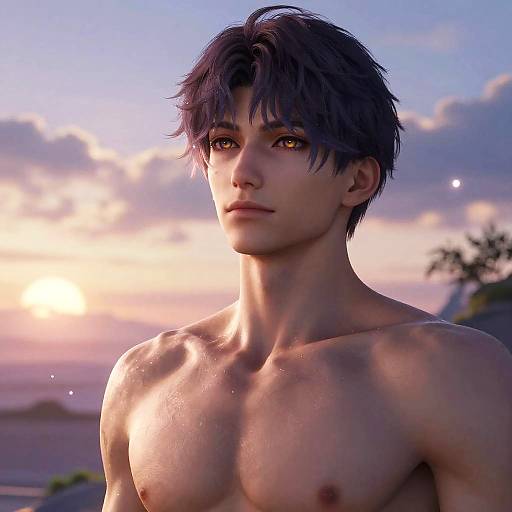 Digital artwork of a handsome, shirtless young man with wet, dark hair, glowing golden eyes, and a muscular build, standing against a sunset beach