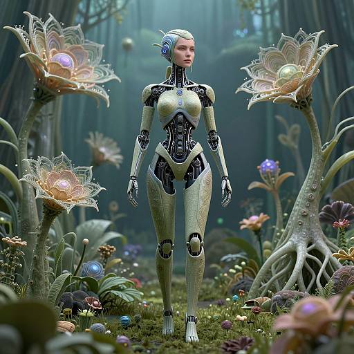 Photorealistic CGI: Female android with metallic skin stands in lush, glowing forest with bioluminescent flowers and futuristic, alien-like plants.