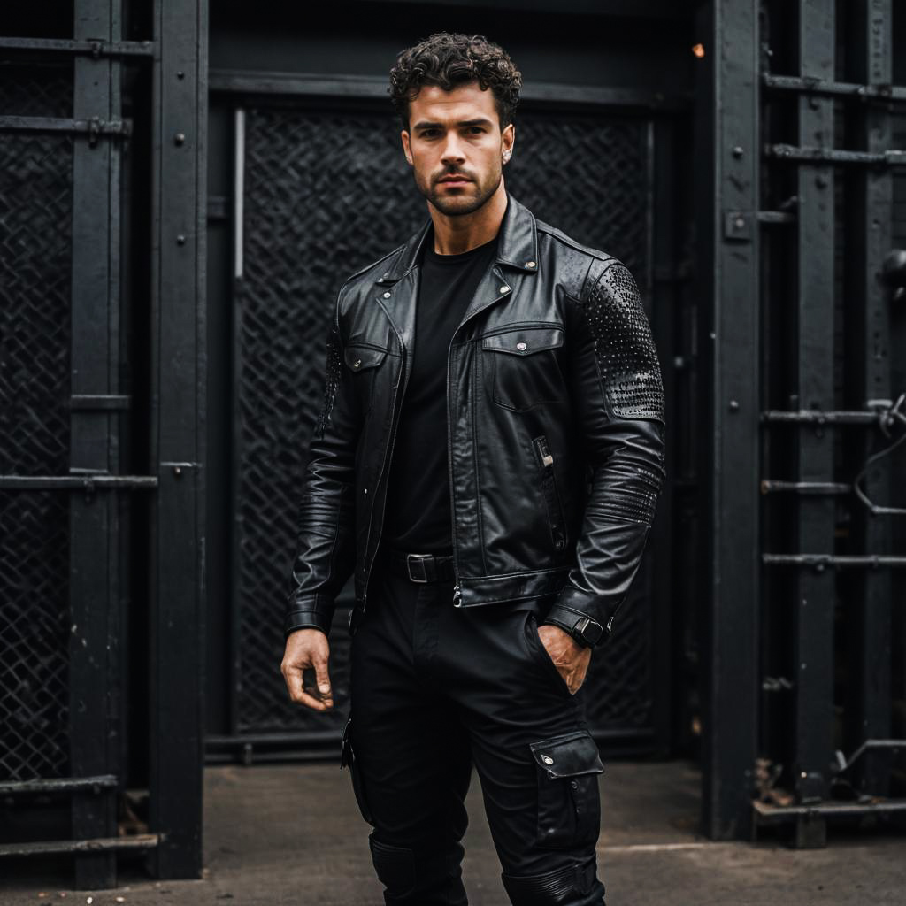 Cinematic Muscular Man in Black Outfit