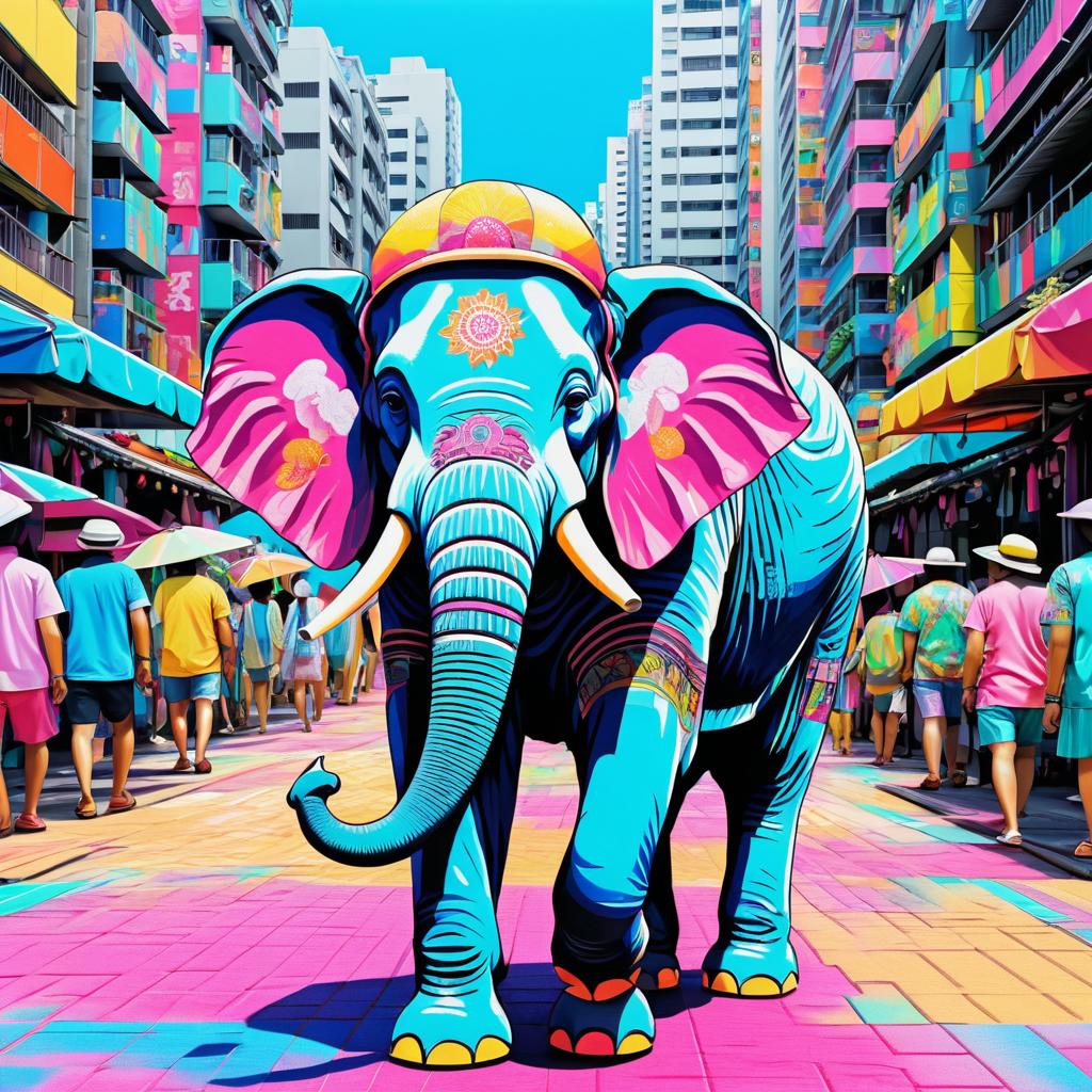 Vibrant Pop Art Elephant in Cyberpunk Japan