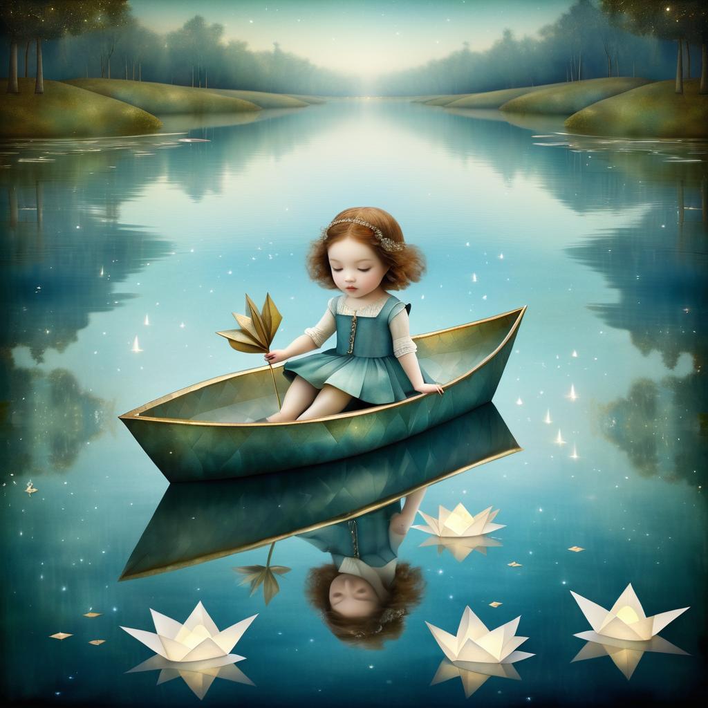 Whimsical Girl with Paper Boat in Pond