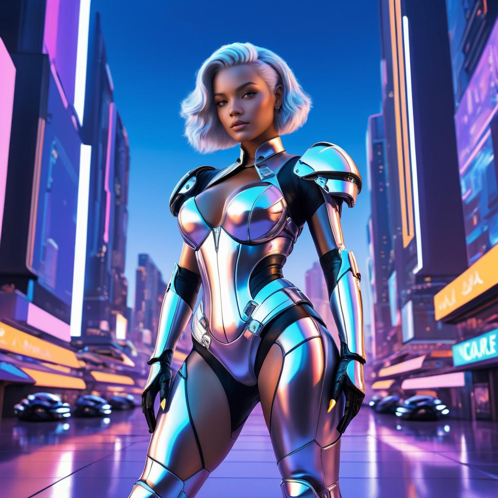 Futuristic Cyborg in Neon Cityscape