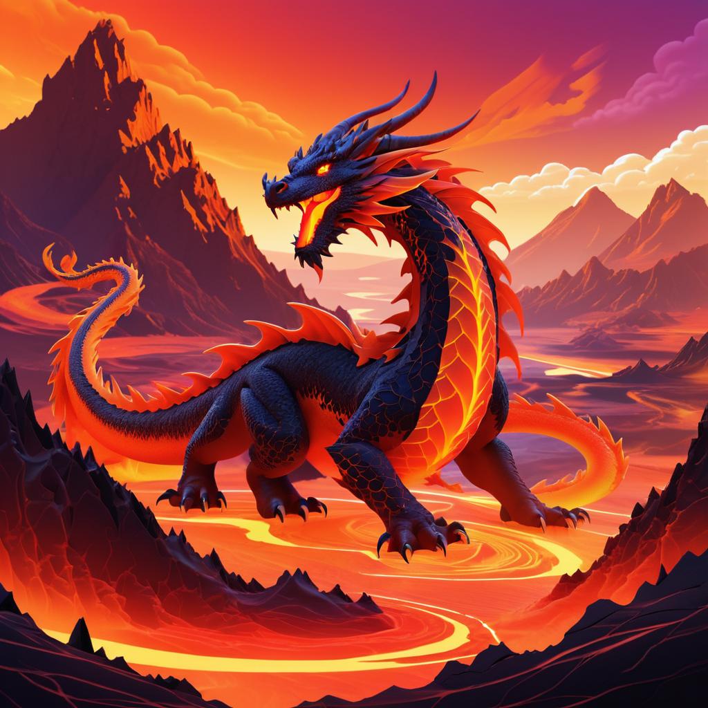 Fiery Dragon in Volcanic Digital Landscape