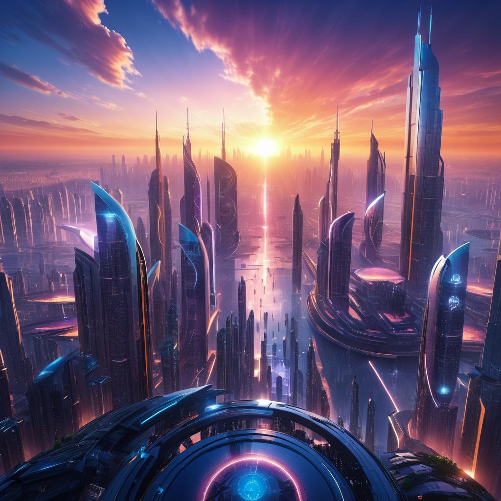 Epic Futuristic City Skyline at Sunset