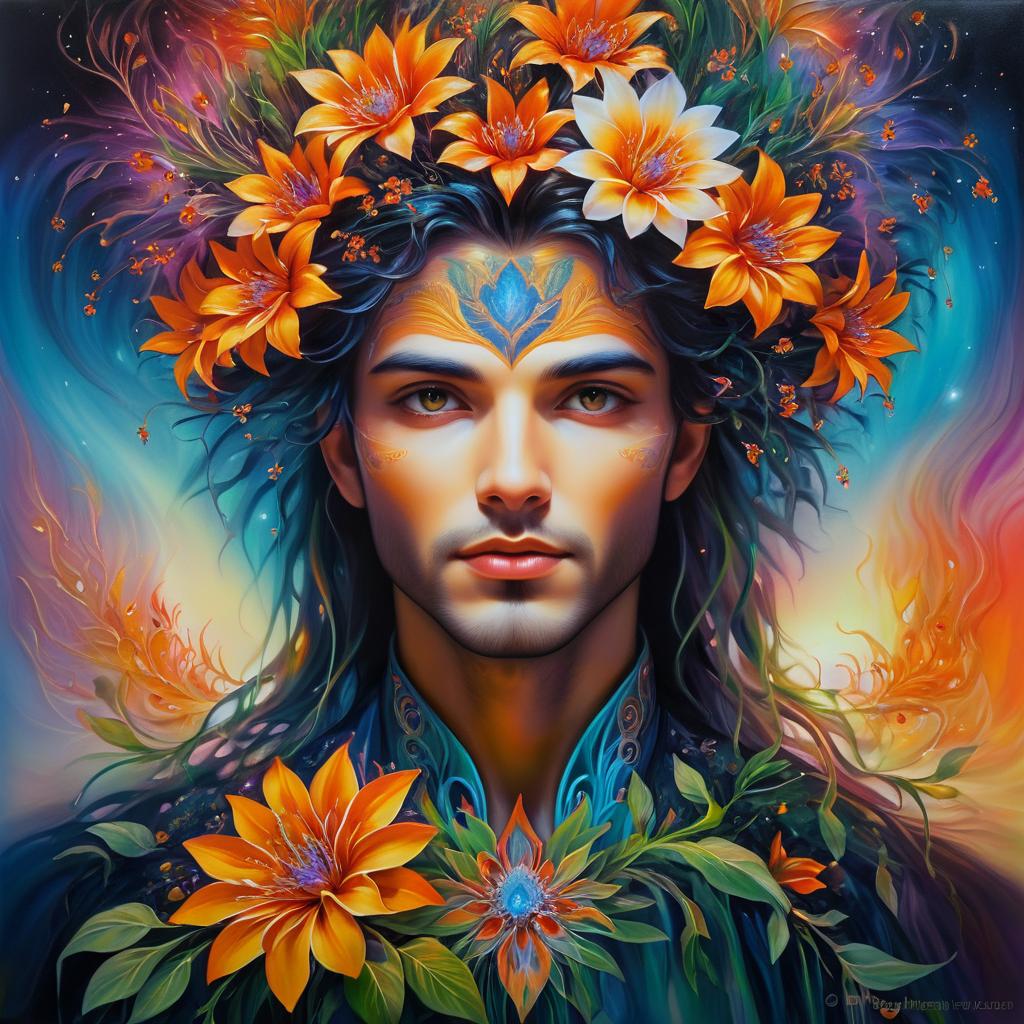 Ethereal Hybrid Man Surrounded by Flowers