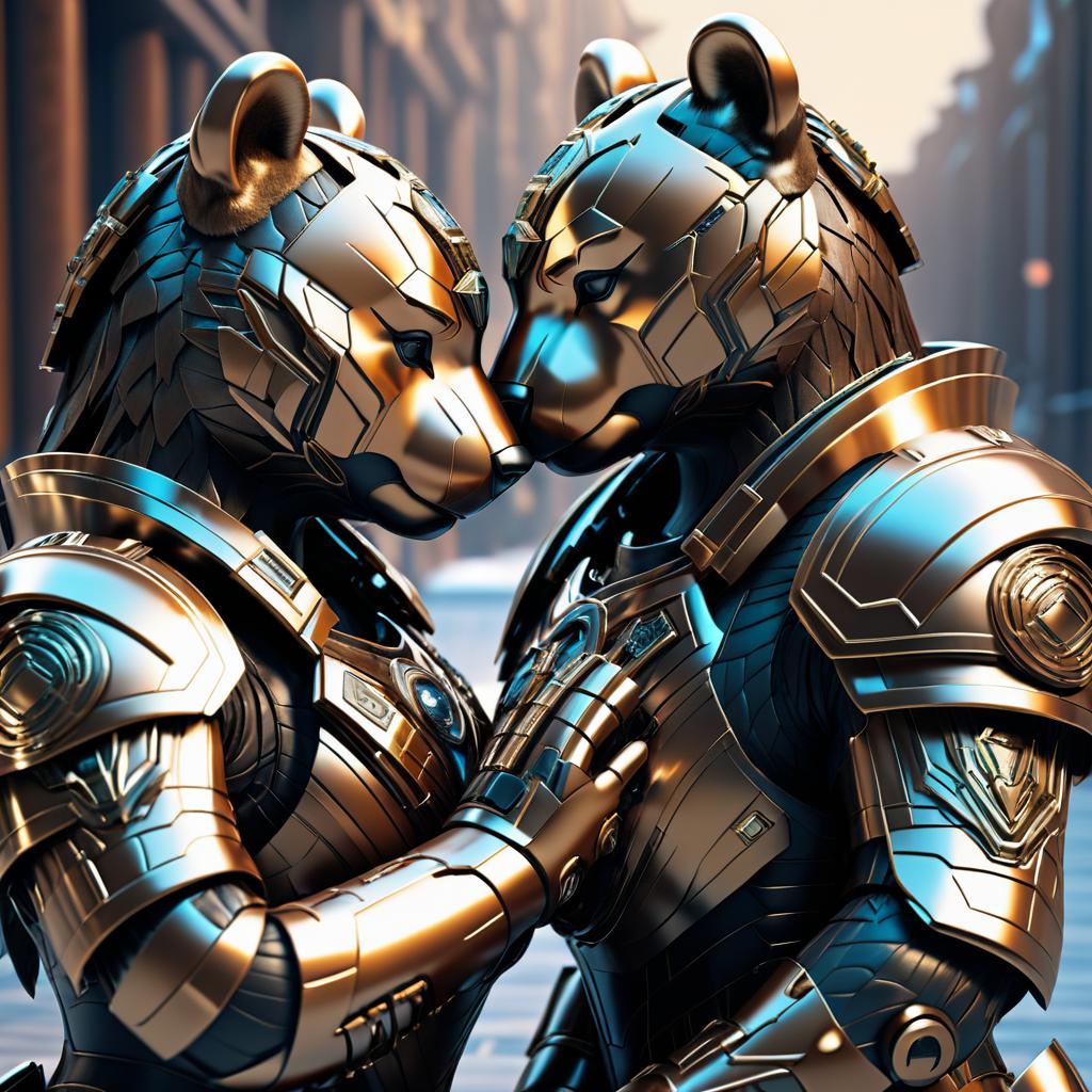 Elegant Cybernetic Bears in Sci-Fi Kissing