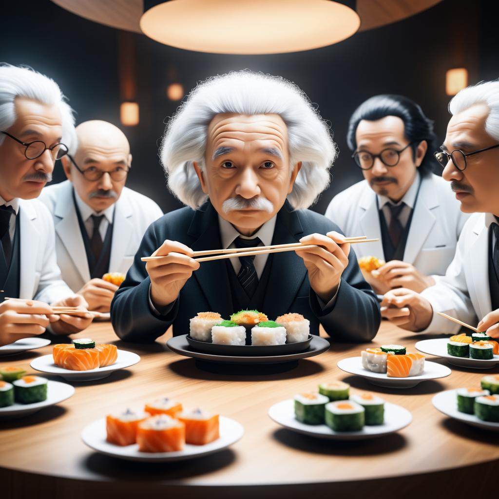 Einstein Enjoying Sushi with Fellow Scientists