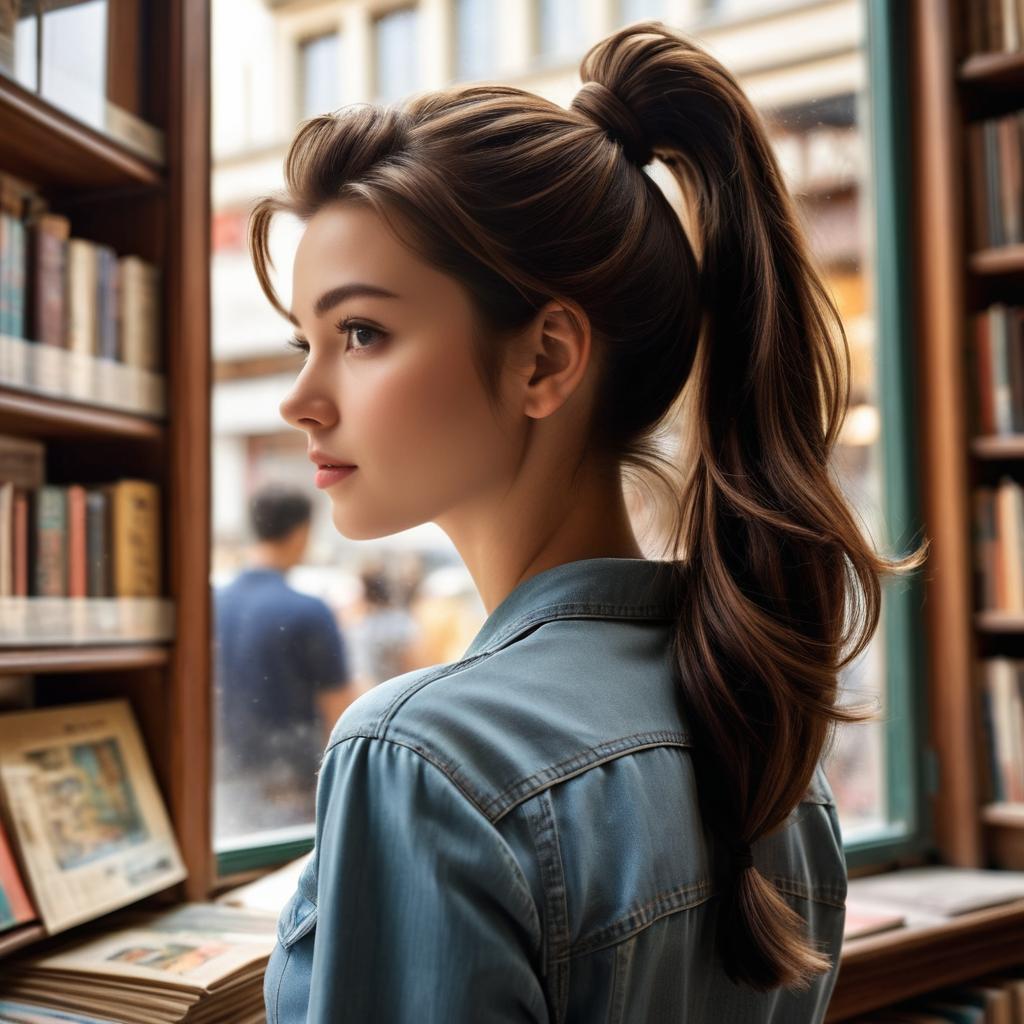 Vintage Brunette in a Bookstore Portrait