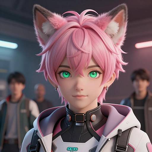 Anime Male with Pink Hair and Wolf Ears