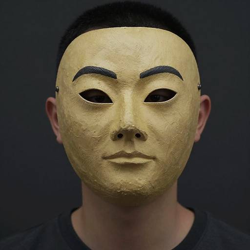 Photograph of an Asian man wearing a textured, yellow, traditional-style mask with black eyebrows and eyes, against a dark background.