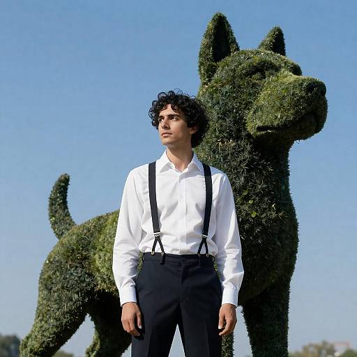 Man Standing by Large Topiary Dog Sculpture