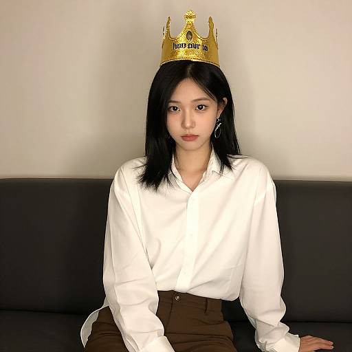 Photograph of an Asian woman with long black hair, wearing a white blouse, brown pants, and a gold crown, sitting on a black couch against