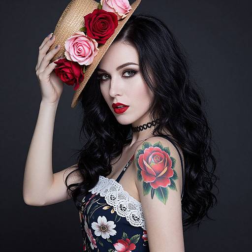 Photograph of a pale-skinned woman with black wavy hair, red lipstick, floral dress, black choker, and large red rose tattoo,