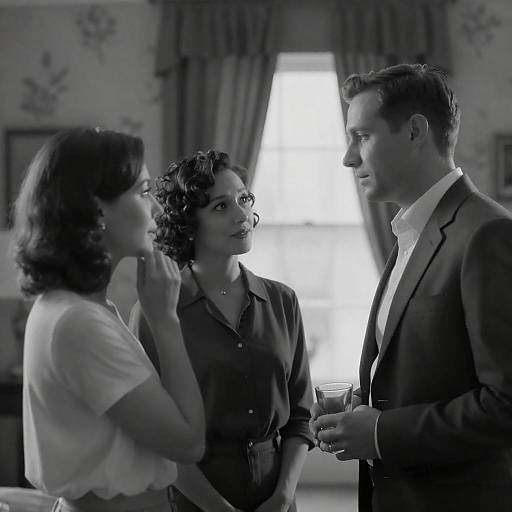 Black and White Photo of Three People in Conversation