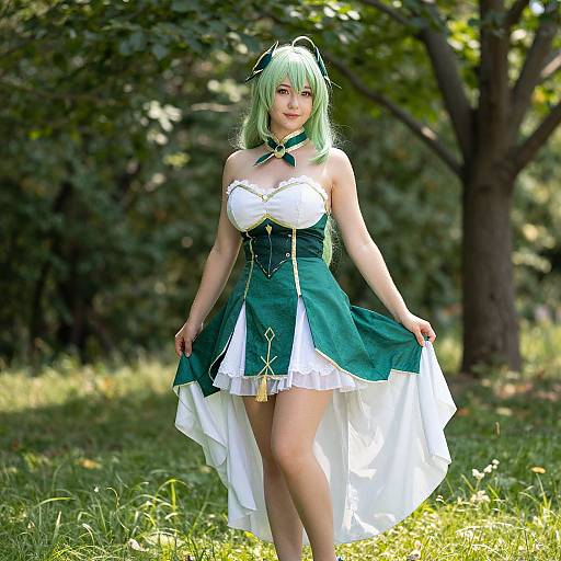 Photograph of a woman with green hair and fair skin, wearing a white and green fantasy-style dress, standing in a sunlit, leafy forest