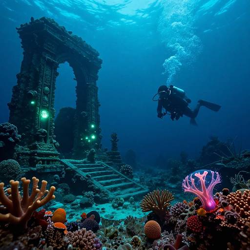 Bioluminescent Underwater Ruins Exploration