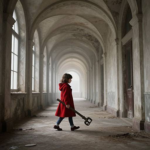 Photograph of a girl in a red coat and brown hair, holding a wrench, walking down a long, dimly lit, arched, abandoned