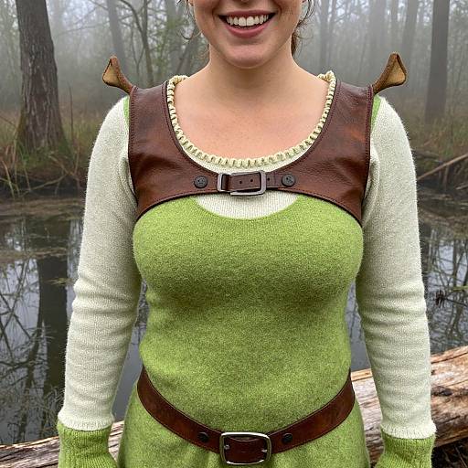 Photograph of a smiling woman in a green medieval-style dress with brown leather straps, white sleeves, and brown belt, standing in a foggy forest