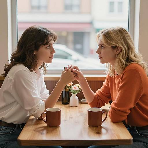 Two Women Holding Hands in Cafe