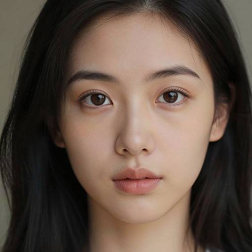 Close-up photograph of an East Asian woman with fair skin, straight black hair, dark brown eyes, and neutral expression. She has natural eyebrows, minimal