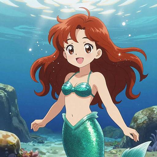 Anime Smiling Red-Haired Mermaid Underwater