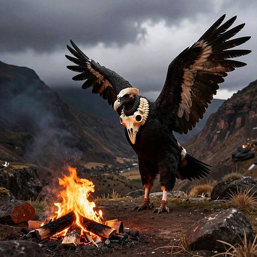 Photograph of a large black vulture with white facial markings, wings spread wide, standing by a campfire in a rocky, mountainous, over