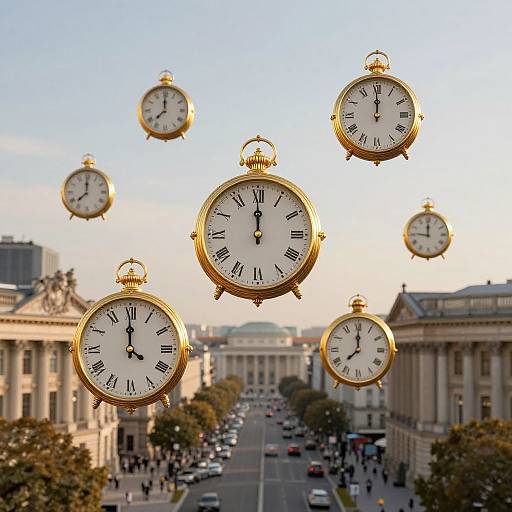 Surreal Cityscape with Floating Clocks