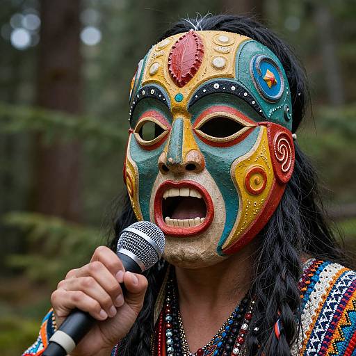 Photograph of a person with colorful, intricate mask singing into a microphone, wearing beaded clothing, with dark hair and forest background.