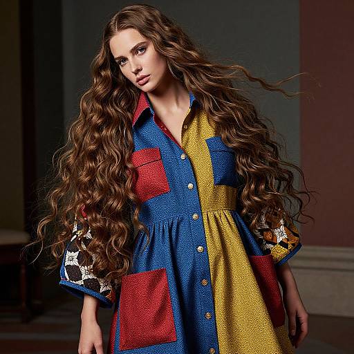 Photograph of a young woman with long, wavy brown hair wearing a colorful, patchwork dress with blue, red, and yellow squares, and