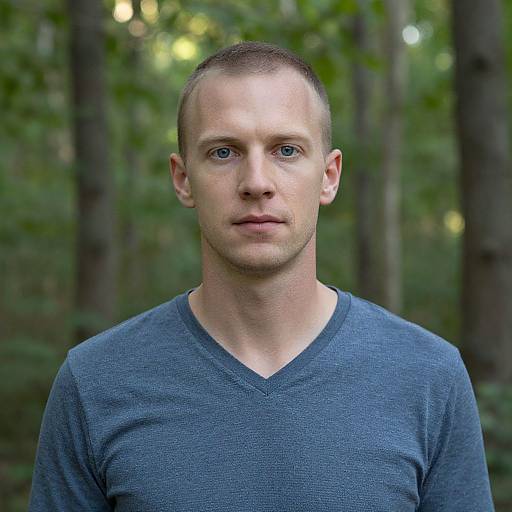 Photograph of a fair-skinned, blue-eyed man with short brown hair, wearing a gray V-neck shirt, standing in a blurred forest background.