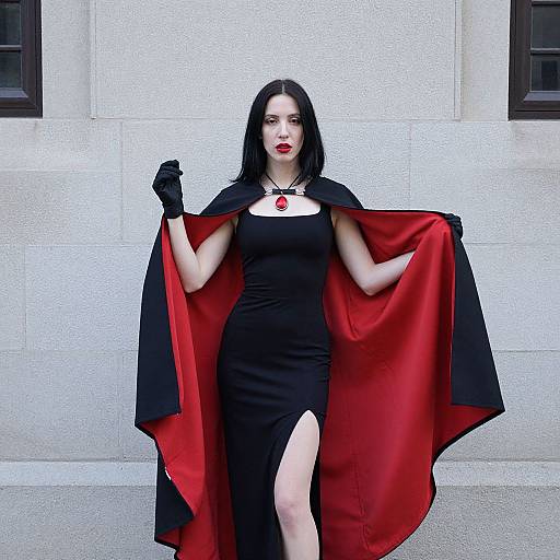 Photograph of a pale-skinned woman with black hair in a black dress and red-lined cape, wearing black gloves, standing against a beige stone wall