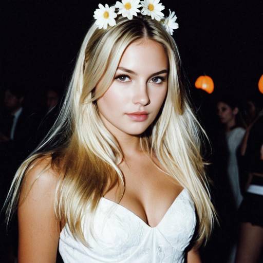 Blonde Woman in White Dress with Flower Crown