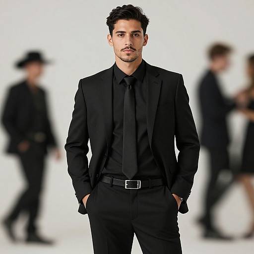 Photograph of a handsome, dark-haired man in a black suit, black shirt, and black tie, standing confidently with hands in pockets, blurred background