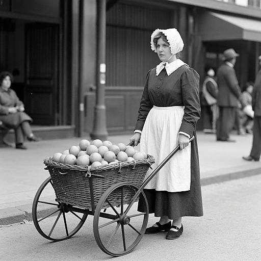 Black-and-white photograph of a Victorian-era woman in a long dress and white apron, pushing a basket filled with apples on a street, with blurred
