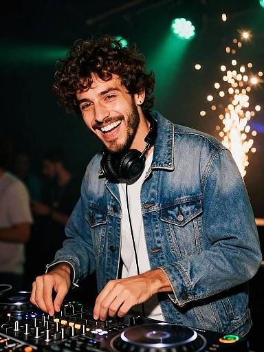 Smiling Male DJ in Denim Jacket at Club
