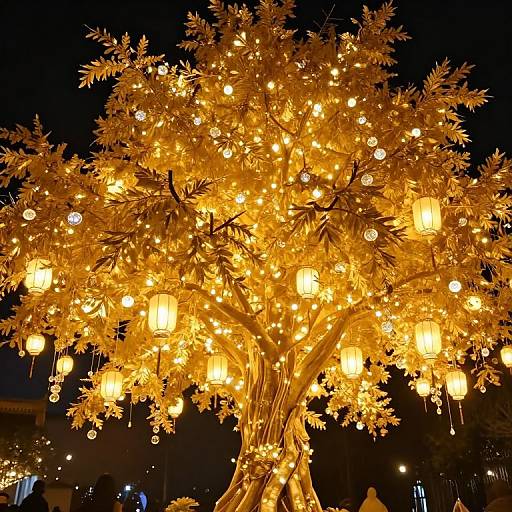 Photograph of a glowing, ornate tree with golden leaves and hanging lanterns, illuminated against a dark night sky.