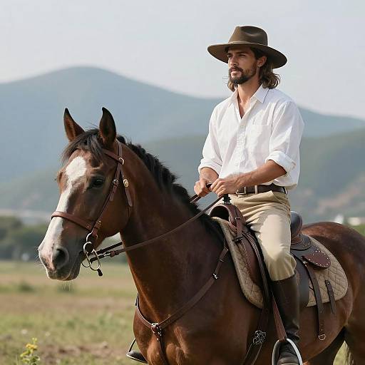 Rider in Grassy Landscape with Mountains