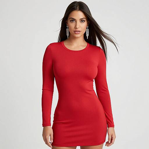 Photograph of a curvy woman with long black hair, wearing a tight, red long-sleeve mini dress and large silver earrings, standing against
