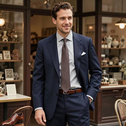 Photograph of a handsome man with brown hair, wearing a dark navy suit, white shirt, and patterned tie, standing in a sophisticated antique shop