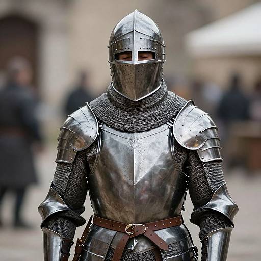 Photograph of a medieval knight in full silver armor with a steel helmet and visor, standing in a blurred, outdoor medieval street.