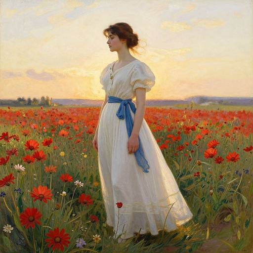 Photograph of a pregnant woman in a white dress with blue ribbon, standing in a vibrant red poppy field at sunset.