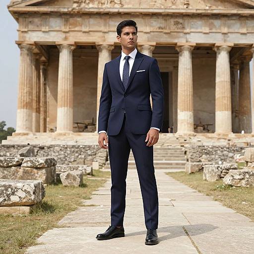 Photograph of a handsome man in a dark navy suit, white shirt, and black tie standing confidently in front of an ancient, weathered stone temple