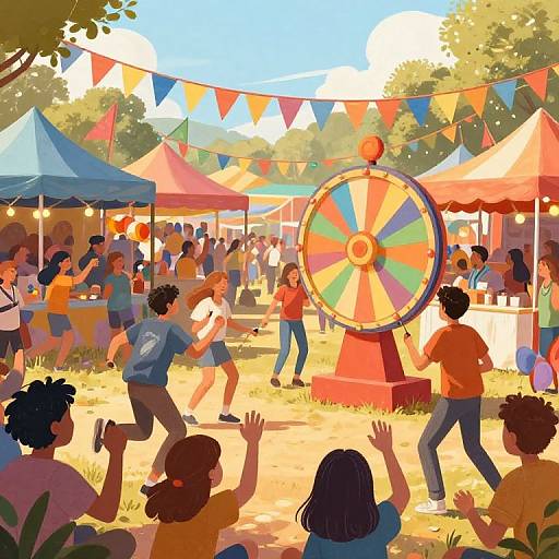 Vibrant digital illustration of a bustling outdoor fair with colorful tents, a spinning wheel, and people playing games under sunny skies.