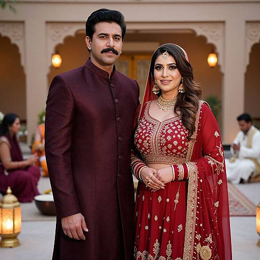 Photograph of an Indian couple in traditional attire: the groom in a maroon kurta, the bride in a red lehenga with gold embroidery,
