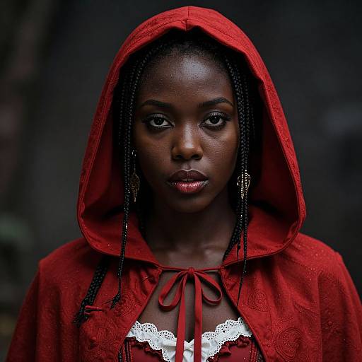Photograph of a young Black woman with dark skin, wearing a red hooded cape with lace trim, looking intently at the camera. Braided
