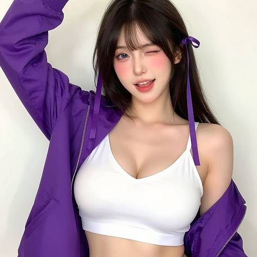 Digital anime-style portrait of a cute, smiling young woman with long black hair, wearing a purple jacket, white sports bra, and purple hair ties,